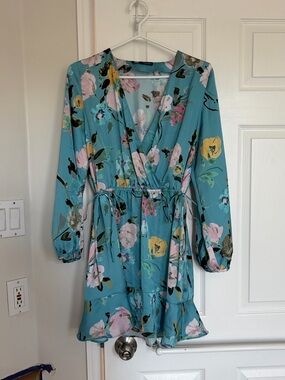 Zara Teal Floral Long-Sleeve Wrap Dress